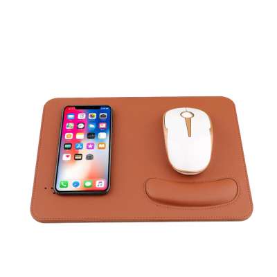 Hot selling products 2020 brown color pu leather mouse pad and wrist pad wireless charger